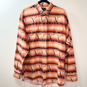 VTG Roper Western Cowboy Long Horn Print Button Up Long Sleeve Shirt 17 1/2 XL